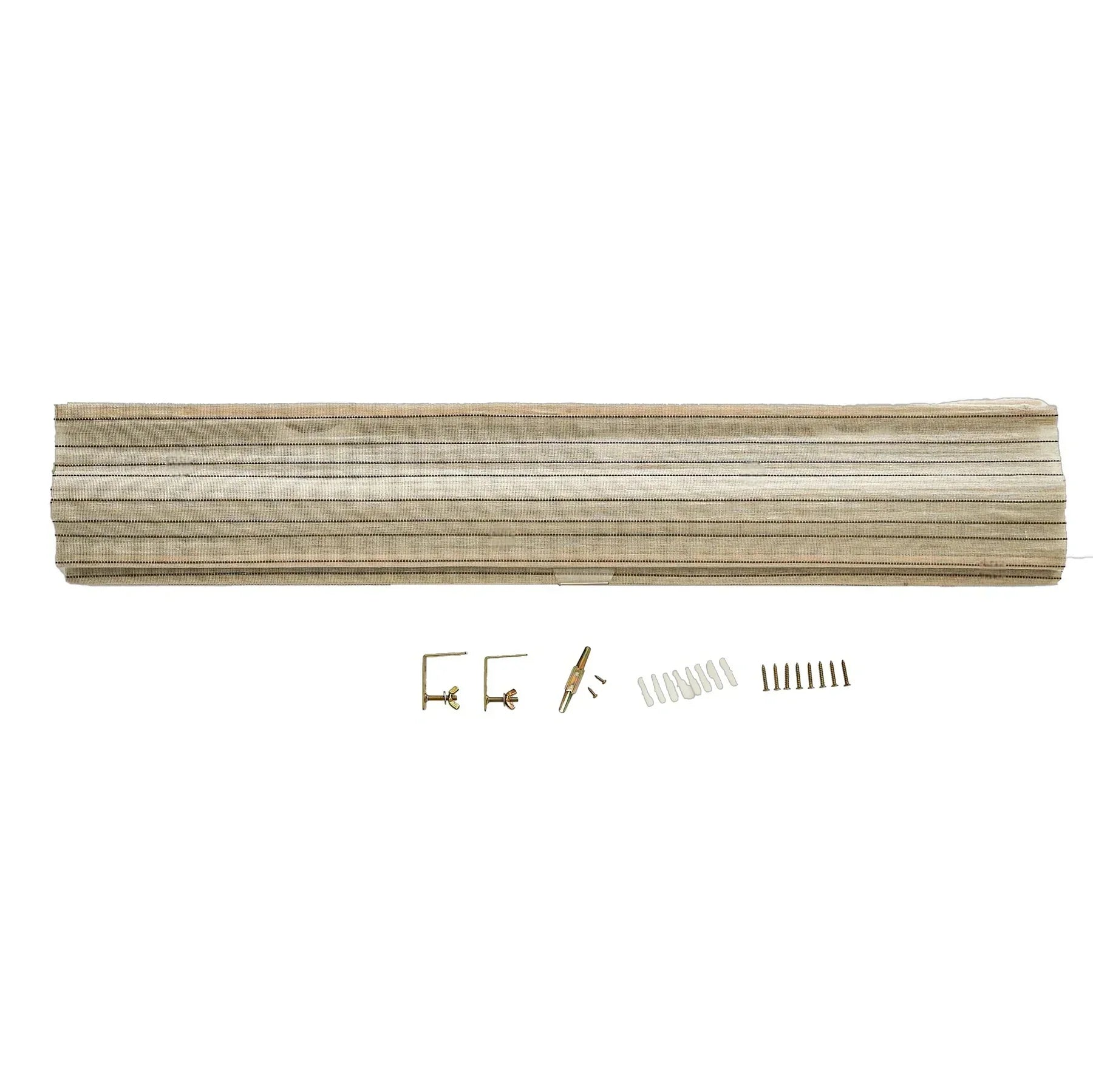 Natural linen bamboo shade with black stripes and installation hardware.