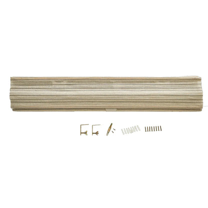 Natural linen bamboo shade with black stripes and installation hardware.