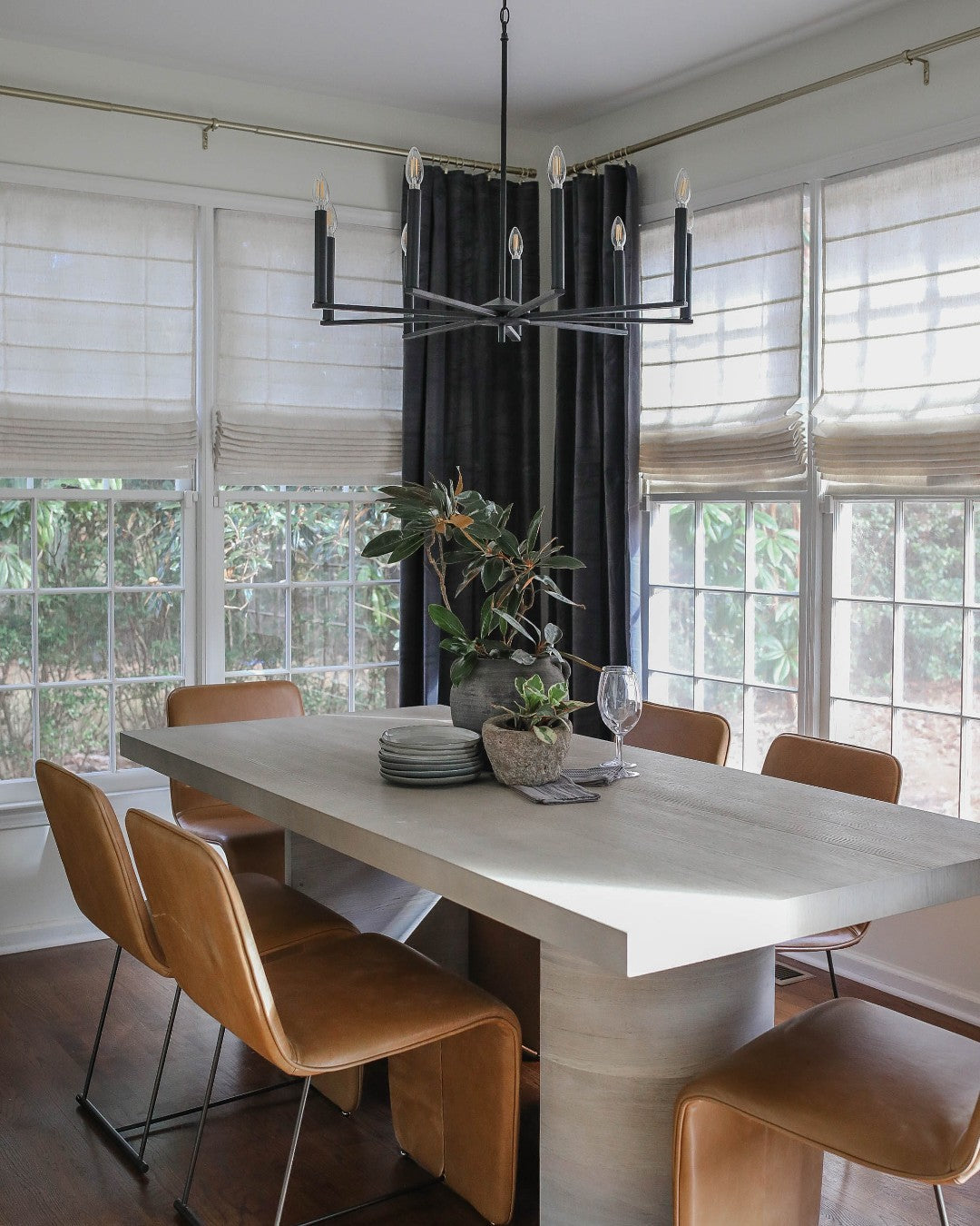 Custom Roman shades in dining room, light-filtering, cordless, available in 33 colors.