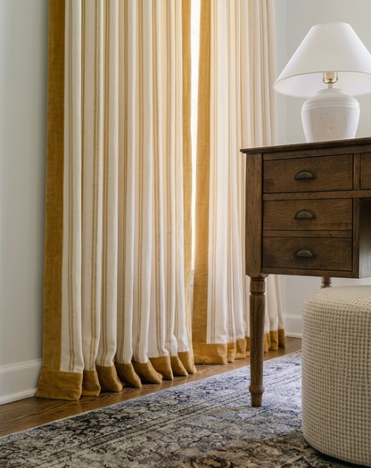 Modern minimalist Bauhaus stripe office curtains with ochre velvet trim designed for home workspace