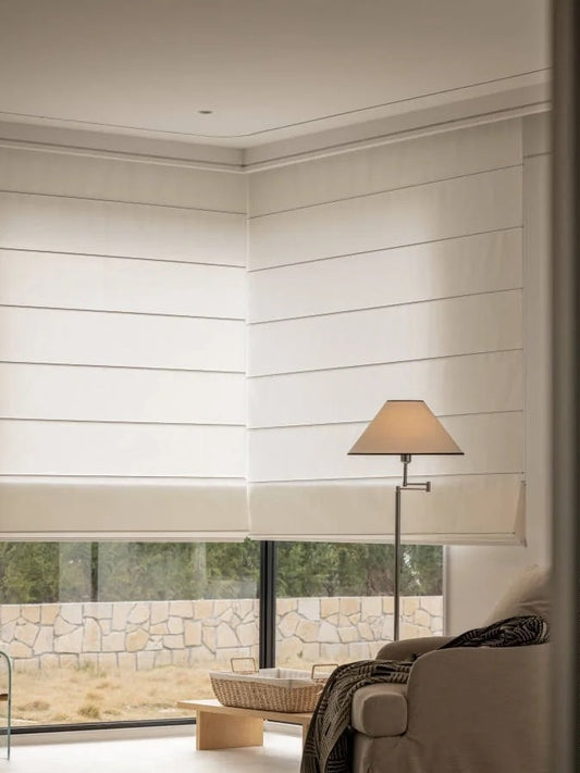 Eco-friendly cordless sheer Roman blinds in a modern living room with soft earth tones and natural light, available in 6 colors