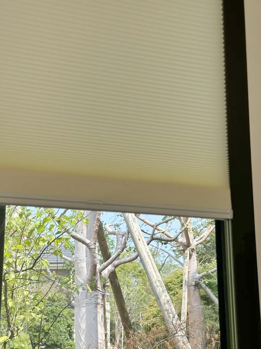 Honeycomb shades on a glass door, providing privacy and light control.