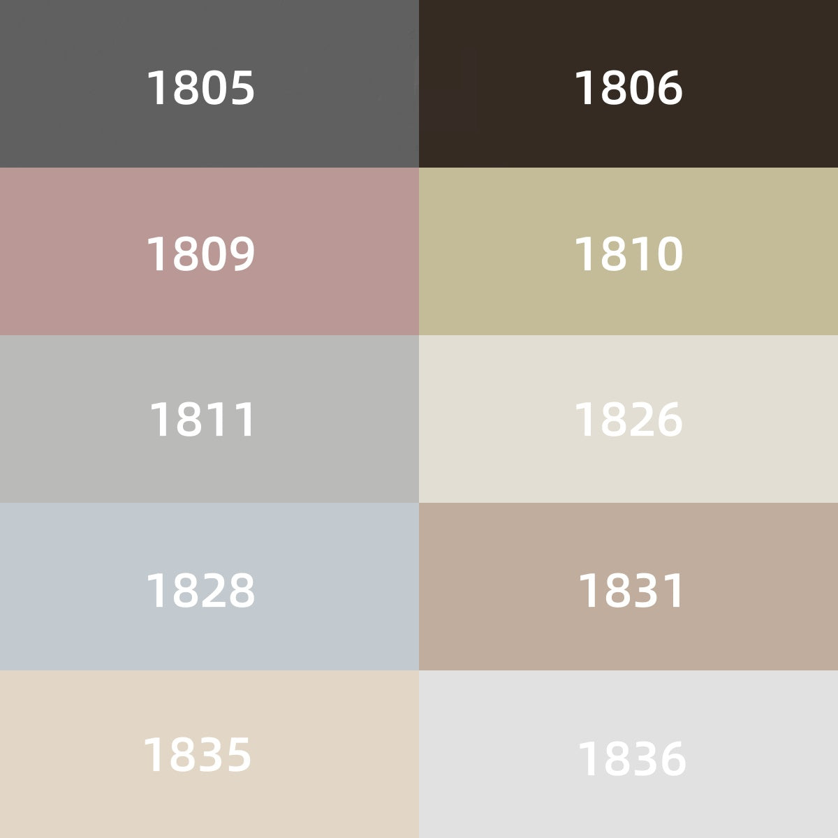 Array of color swatches for custom blinds selection featuring shades of gray, brown, pink, green, and blue, labeled with codes from 1805 to 1836.