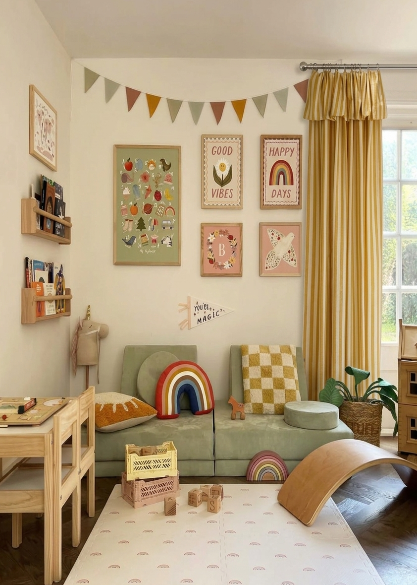 Soft yellow striped linen playroom curtains for kids room with light filtering and blackout options