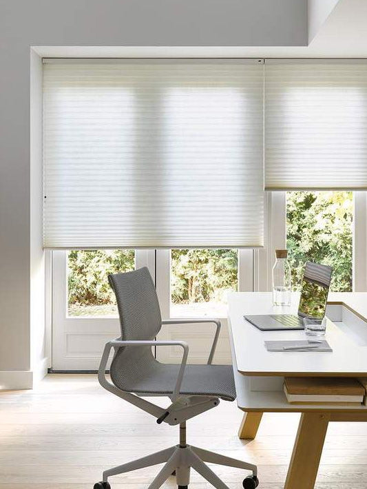 Cordless double-layer 38mm premium honeycomb cellular blinds in a modern office, showcasing style and light control