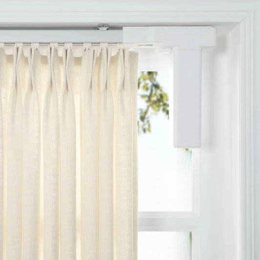 electric curtain rail with smart remote and voice control for oversized windows with white curtains and silent pulley system