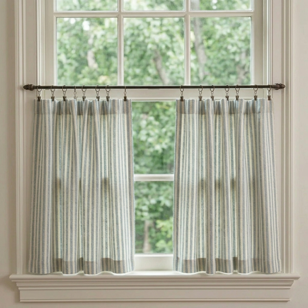 Classic striped linen café curtains hanging on a kitchen window, custom-made light filtering design in French country style