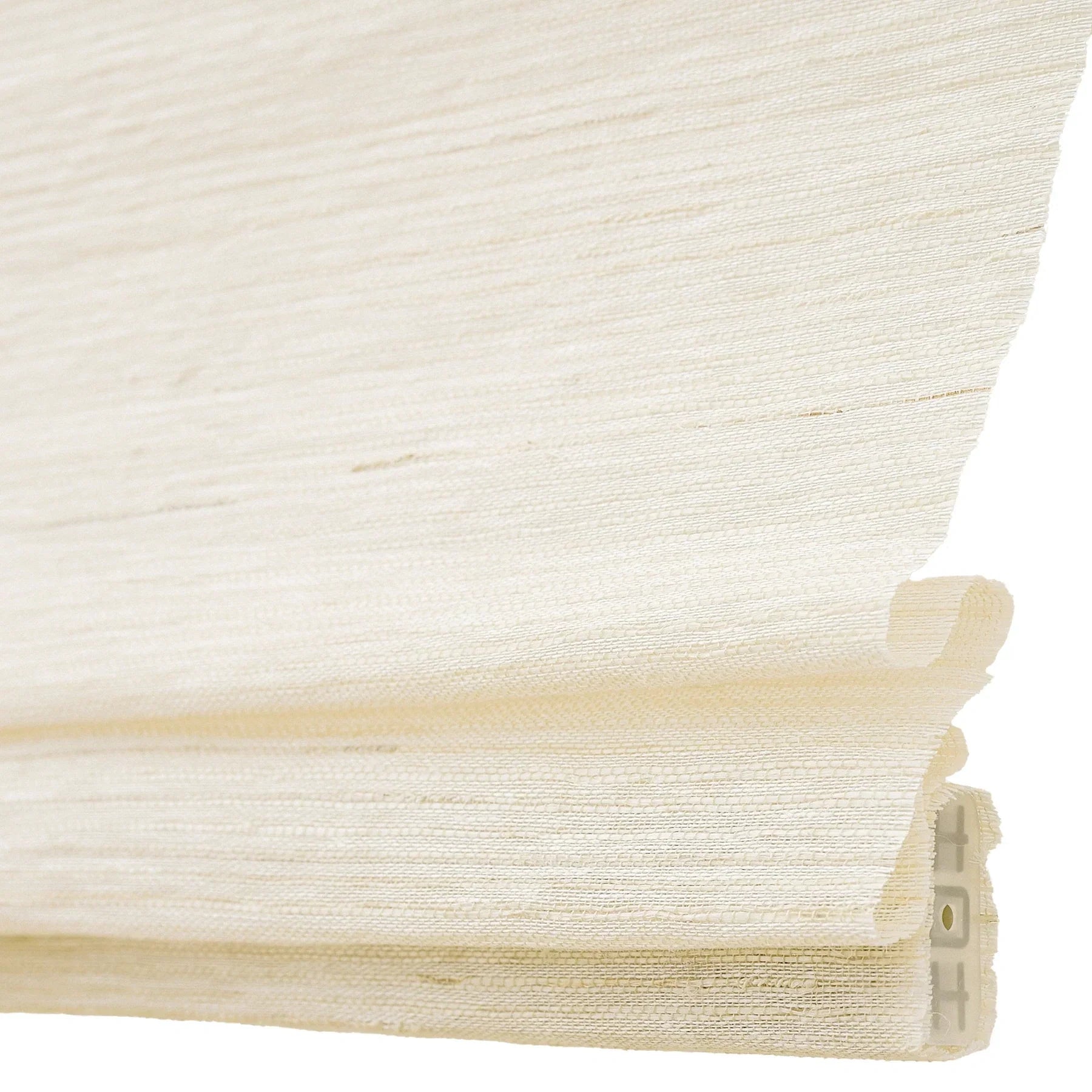 Coconut white natural ramie bamboo window shades with delicate woven texture.