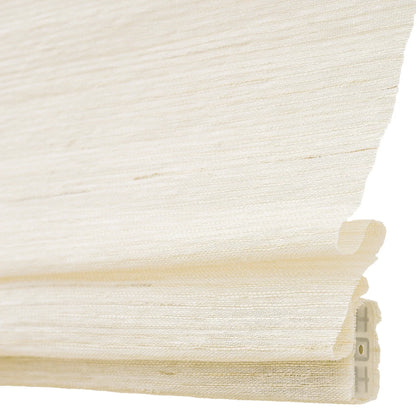Coconut white natural ramie bamboo window shades with delicate woven texture.