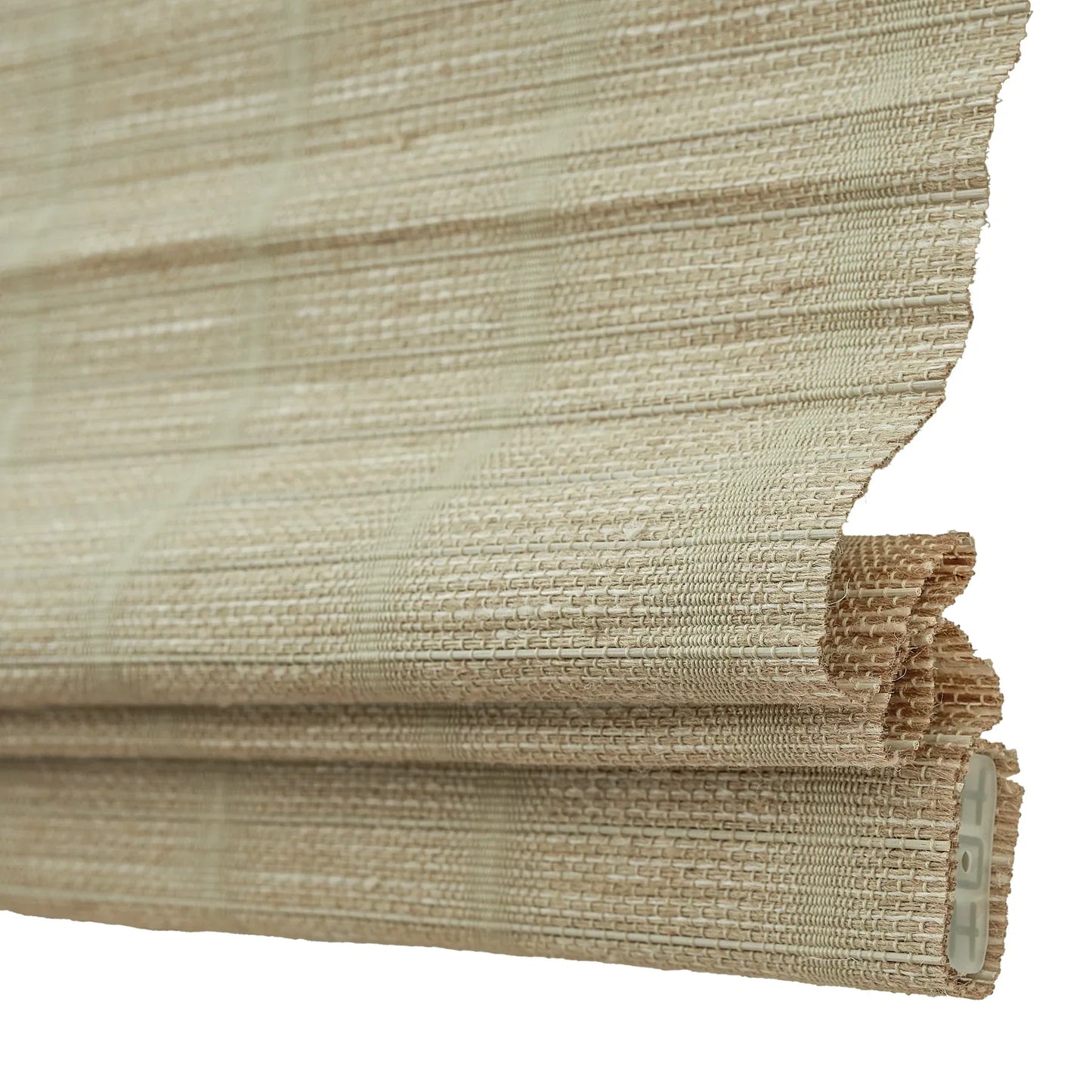 Natural jute bamboo outdoor shades in oak color, woven texture.