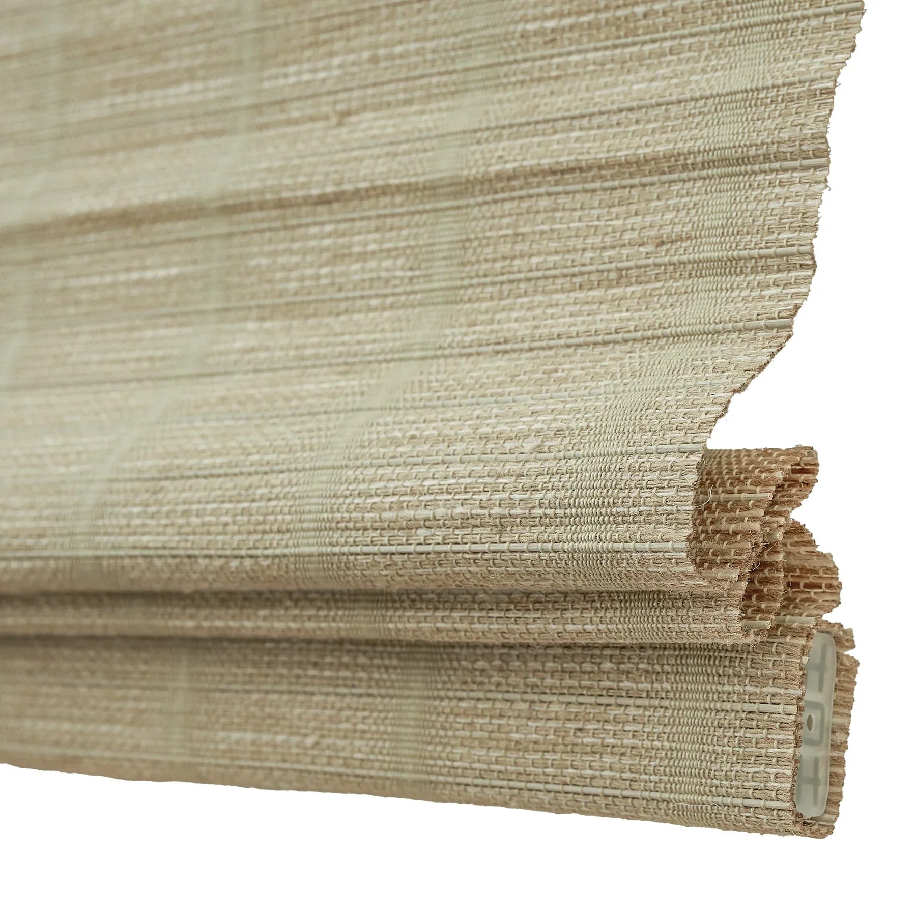 Natural jute bamboo outdoor shades in oak color, woven texture.