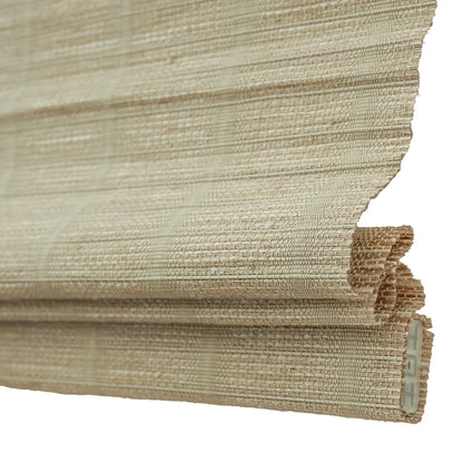 Natural jute bamboo outdoor shades in oak color, woven texture.
