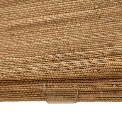 Natural hemp bamboo Roman shades in bark color showing rich, earthy texture.