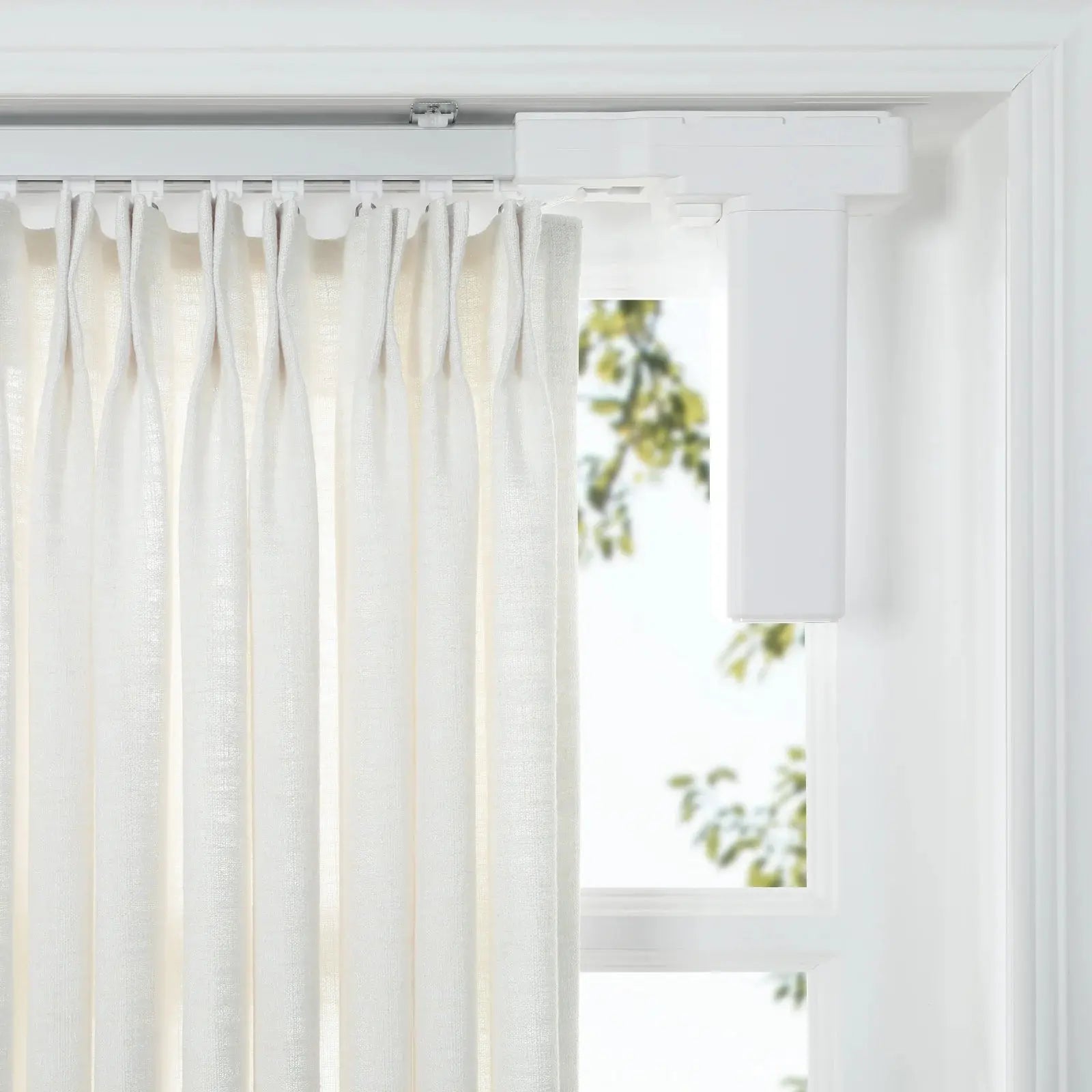 Electric curtain rail for oversized windows with smart and manual control options.
