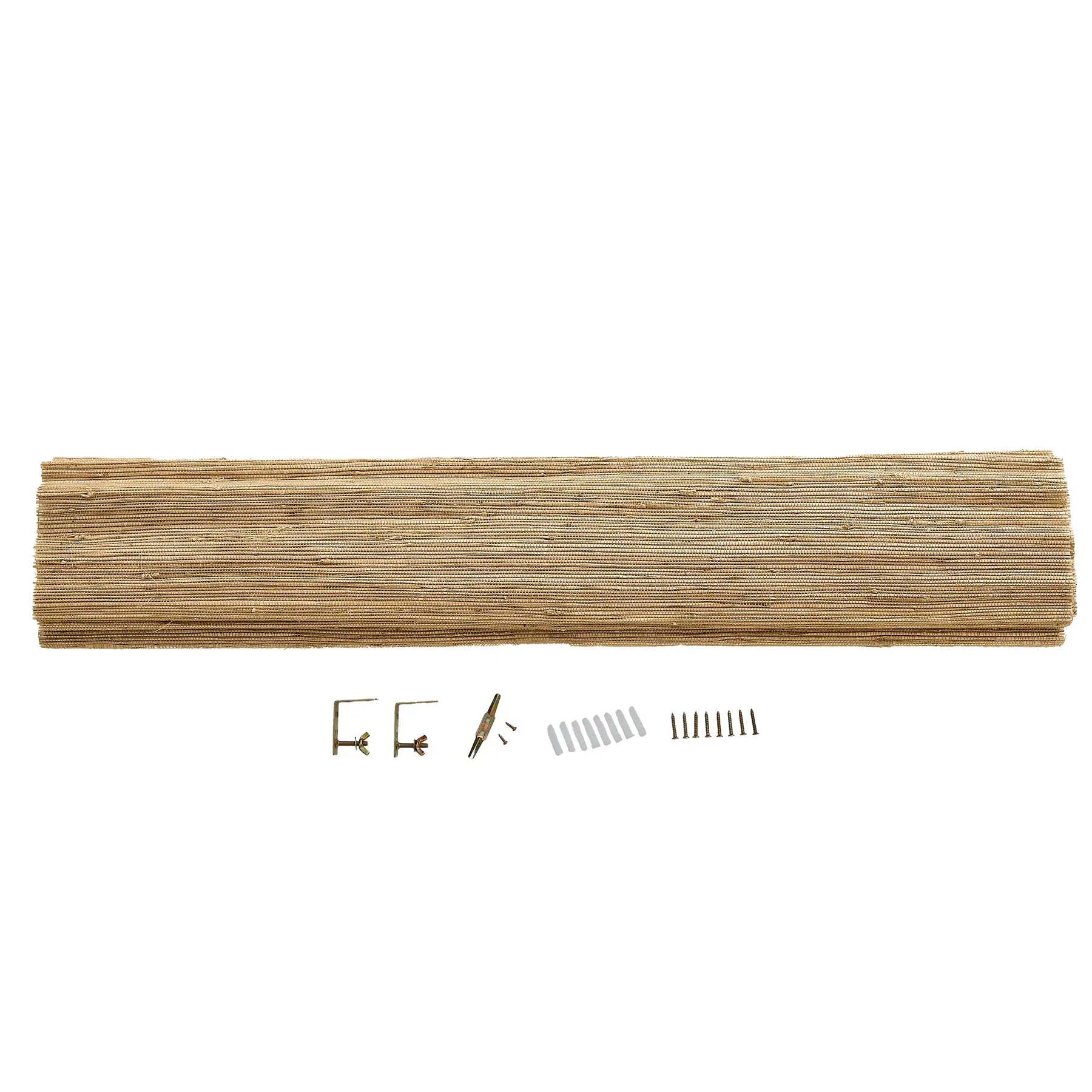 Natural hemp bamboo Roman shades in bark color with installation accessories.