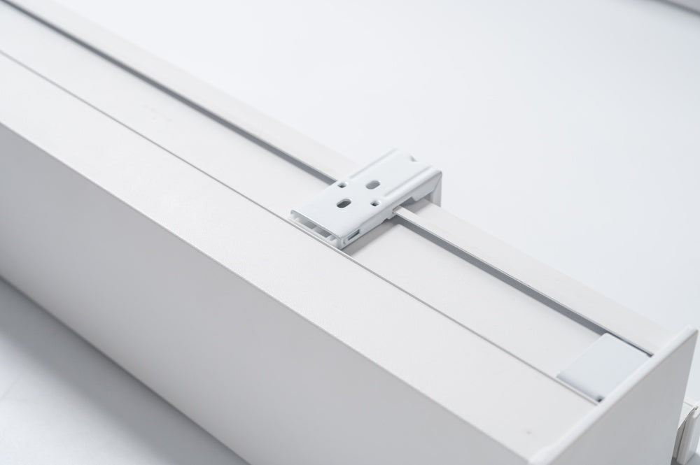 Close-up of the high-end aluminum alloy track for EaseEase cordless dual-layer day and night roller shades, emphasizing the precision-engineered hardware and effortless installation process.