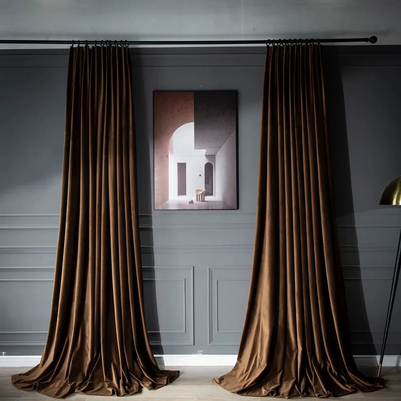 Luxurious high-matte velvet drapes in rich brown with vintage elegant style for living room and bedroom