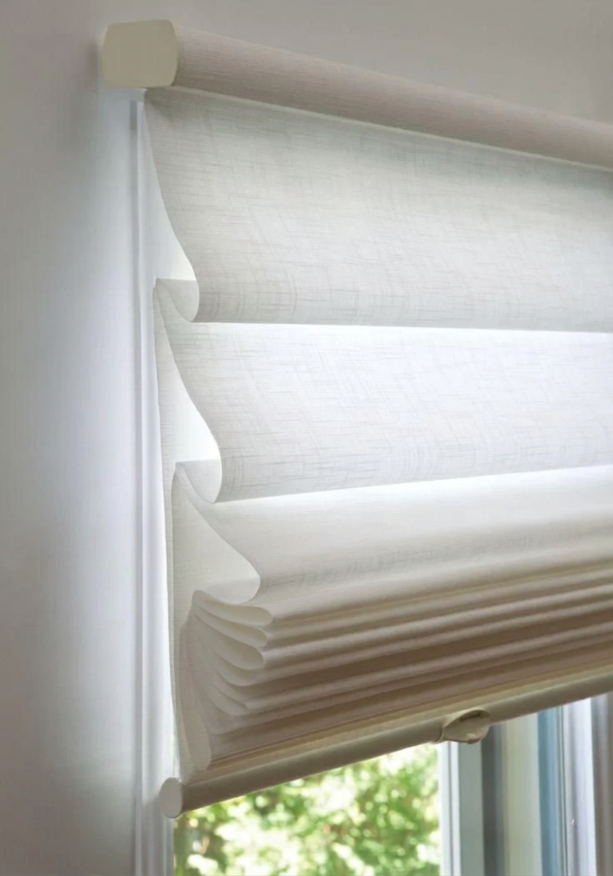 Custom Top Down Bottom Up Roman Shades with soft hobbled folds and elegant layered design
