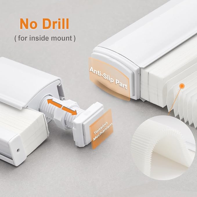 EaseEase No-Drill Honeycomb Blind components showing Anti-Slip Part and Tension Microadjustment feature for easy inside mount installation