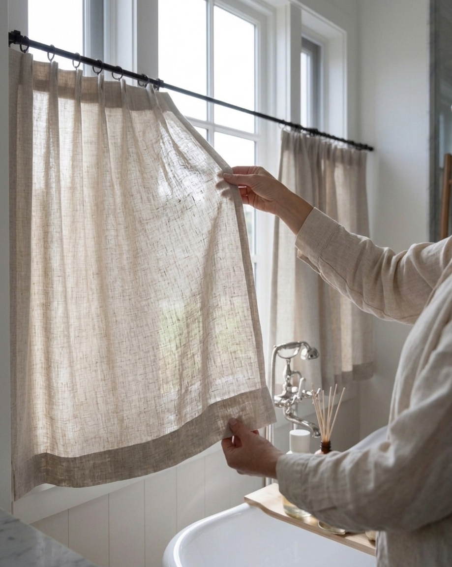 Custom cafe curtains in semi-sheer fabric, customizable size and color, perfect for kitchens and dining rooms.