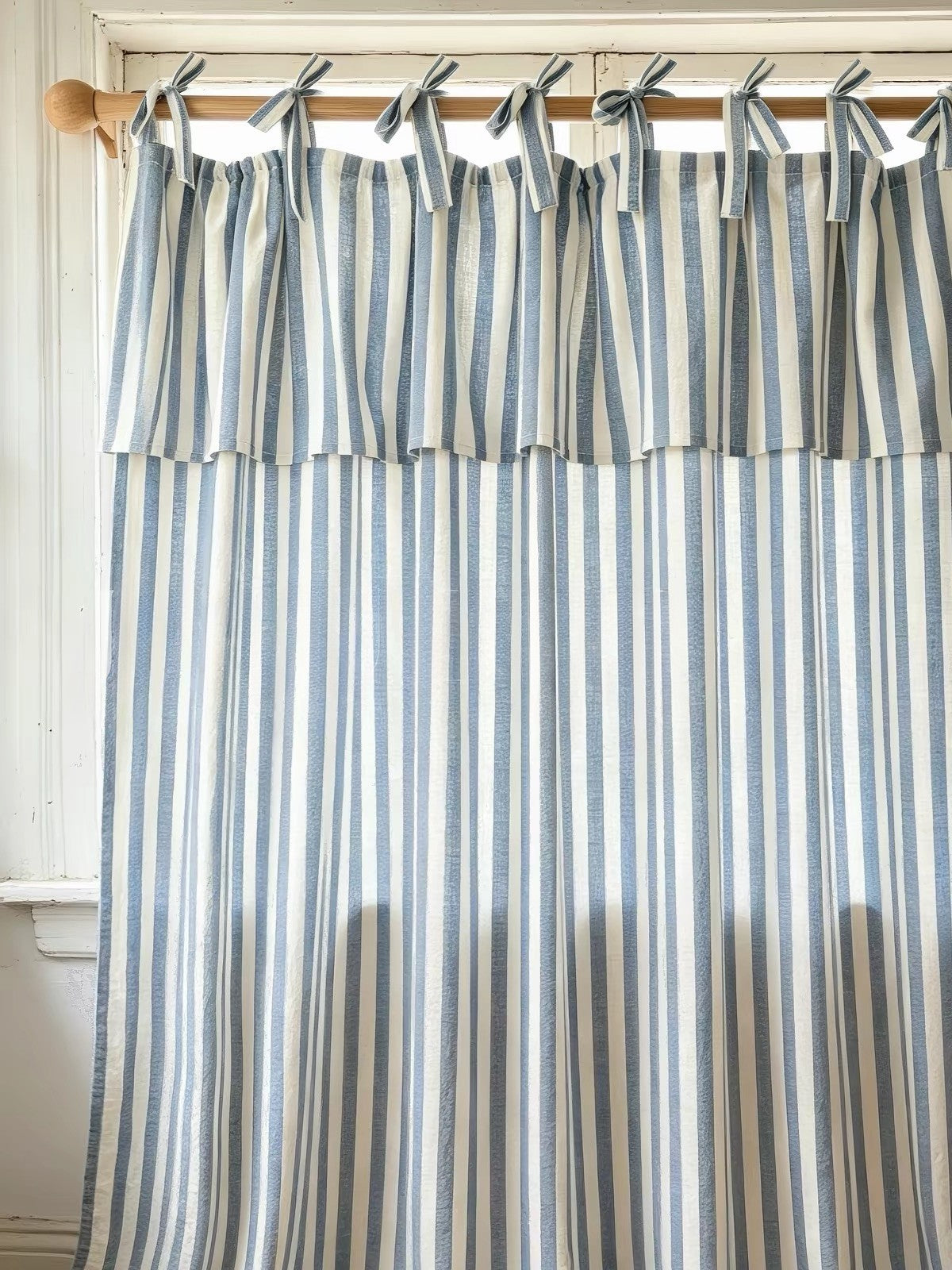 Tie Top Curtains: Custom Coastal Blue Ticking Stripe Linen Drapery for Nursery & Kids Room, 100% Linen