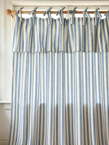 Tie Top Curtains: Custom Coastal Blue Ticking Stripe Linen Drapery for Nursery & Kids Room, 100% Linen