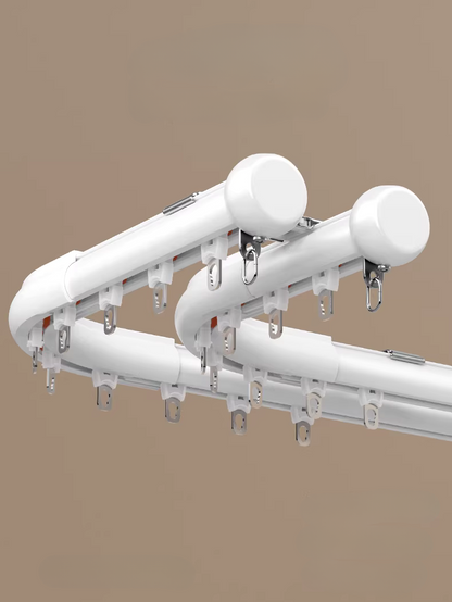 Custom oversized aluminum bay window curtain rod for L-shaped windows with pleat and ripple fold headers