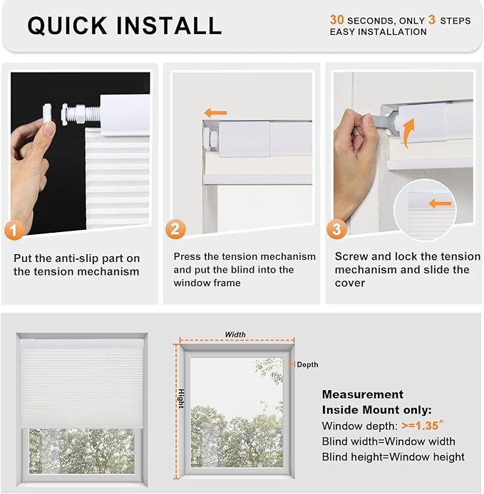 Step-by-step instructions for installing EaseEase Cordless Honeycomb Blinds, highlighting quick, tool-free installation, with measurements for 'Width' and 'Depth'.