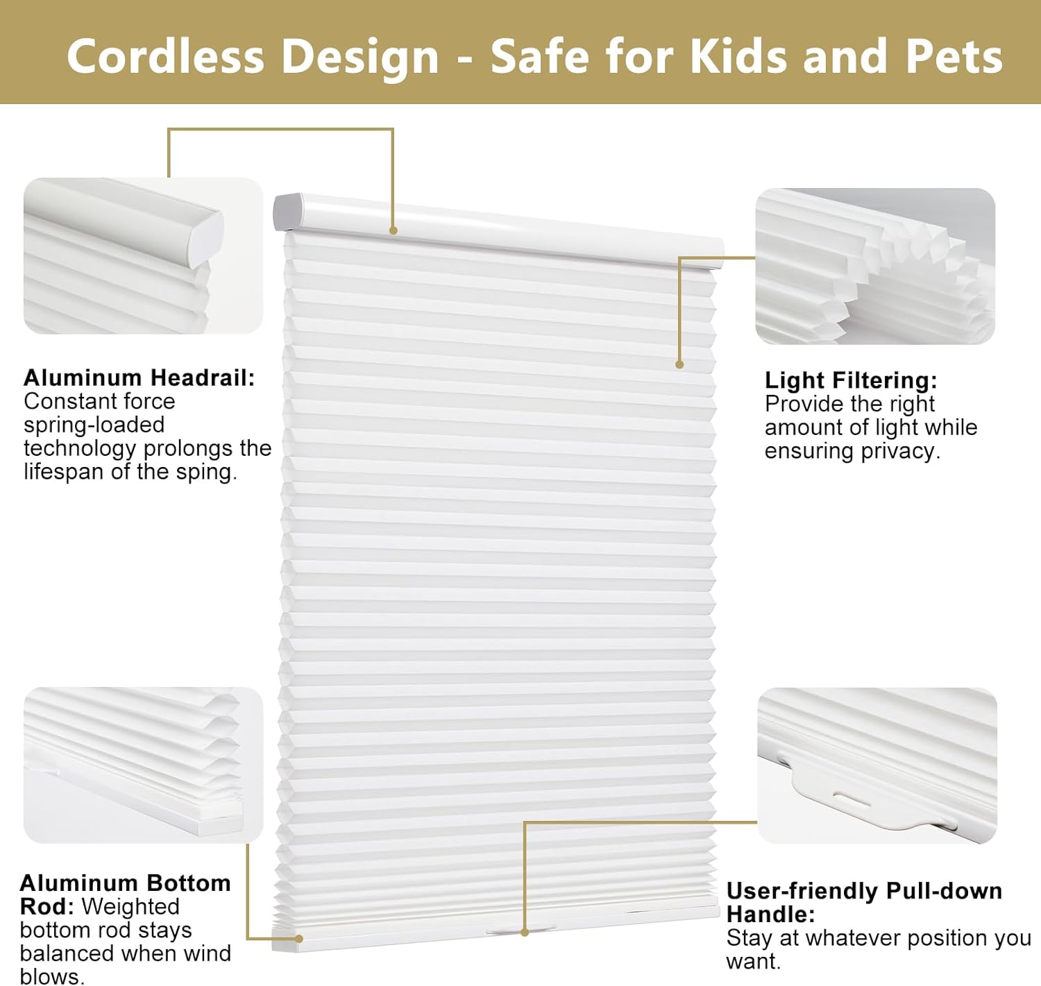 Cordless honeycomb cellular blind showcasing aluminum headrail, light filtering capabilities, weighted bottom rod, and pull-down handle, emphasizing safety for kids and pets.