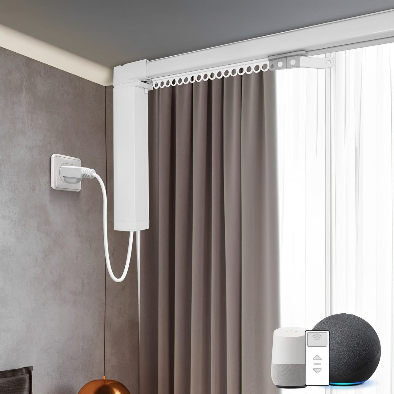 Motorized curtain track system for oversized windows, featuring gray drapes and automated control with smart home integration, showcasing silent operation and effortless control as described for DOOYA motorized system