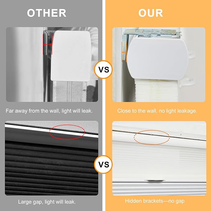 Comparison of EaseEase No-Drill Cordless Honeycomb Blinds versus traditional blinds showing superior close wall fit and hidden bracket features for no light leakage