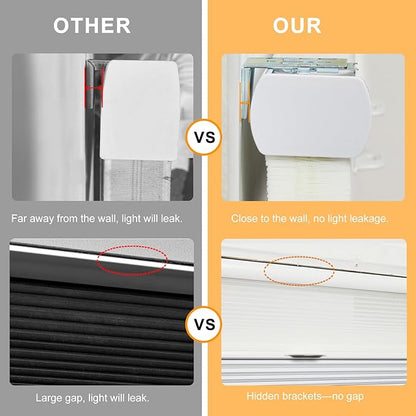 Comparison of EaseEase No-Drill Cordless Honeycomb Blinds versus traditional blinds showing superior close wall fit and hidden bracket features for no light leakage