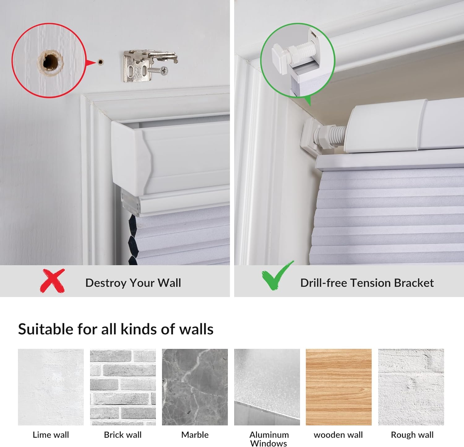 Comparison of traditional drill installation versus drill-free tension bracket for window blinds, demonstrating non-damaging mount suitable for various wall types including lime, brick, marble, aluminum, wood, and rough textures