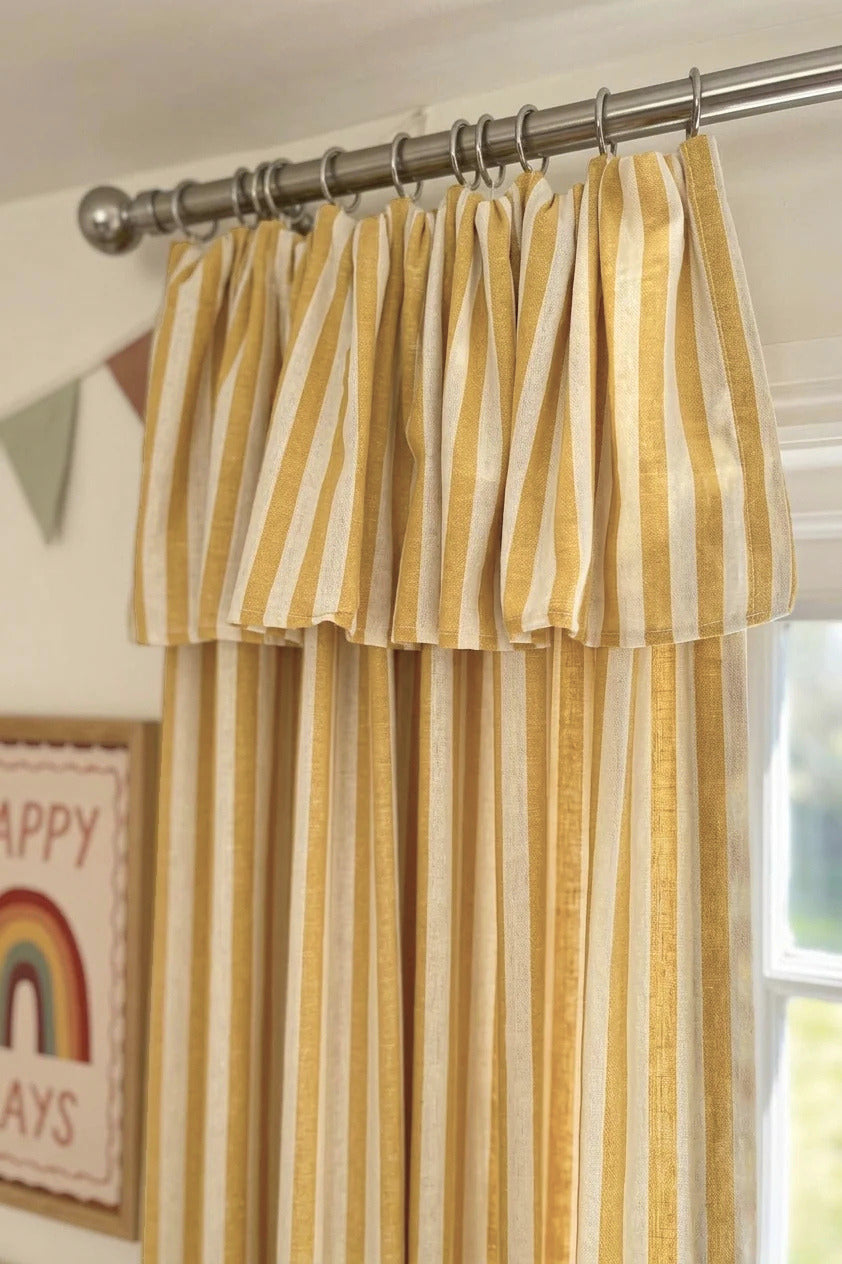 Soft yellow striped linen playroom curtains for kids room with light filtering and blackout options
