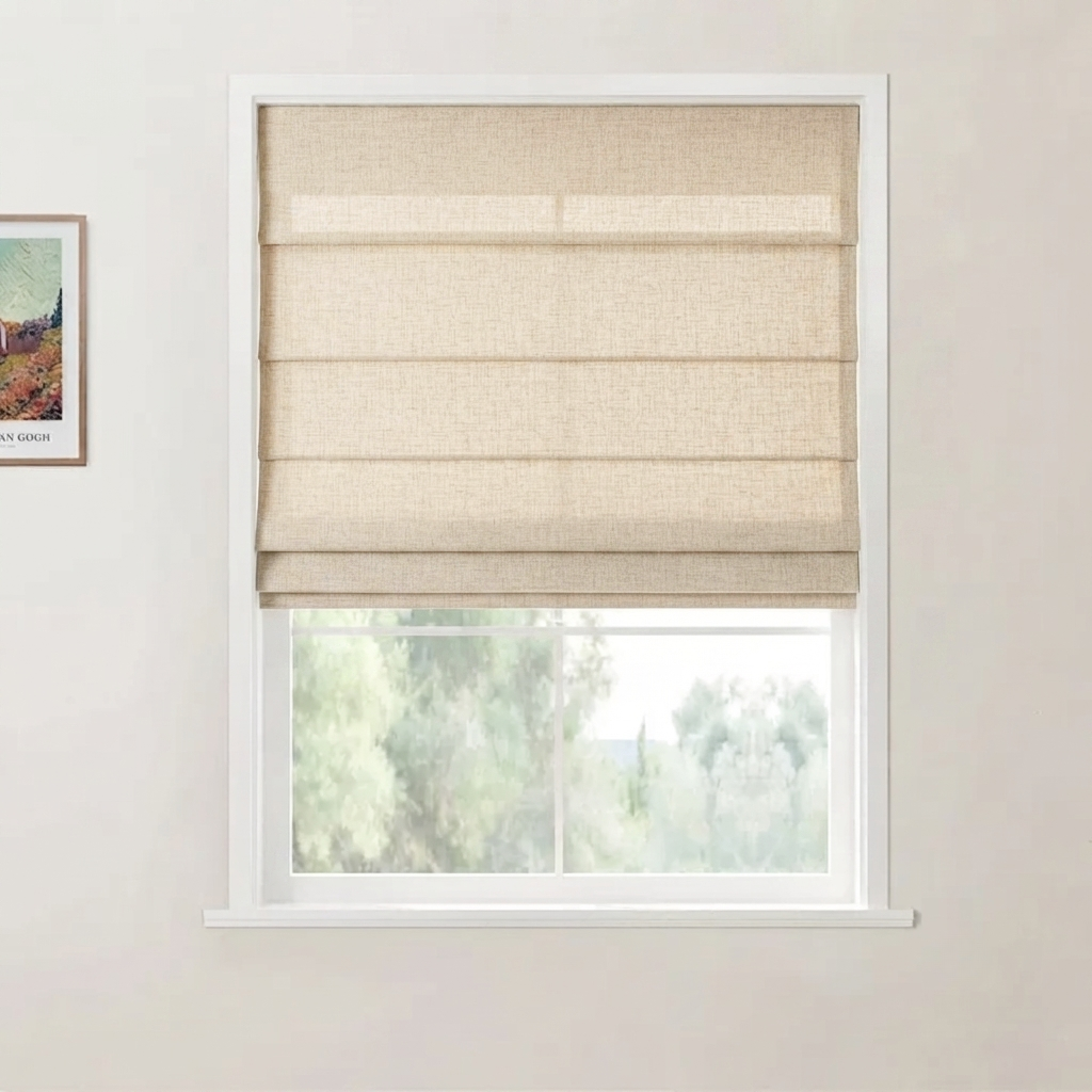 Top down bottom up Roman shade in natural linen fabric showing cordless light-filtering and blackout features on a window
