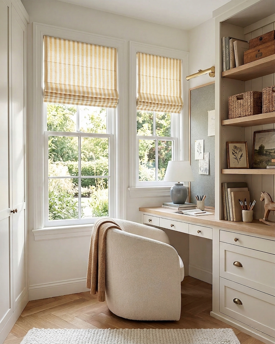 Butter yellow striped linen Roman window shades brightening a modern room with soft natural light