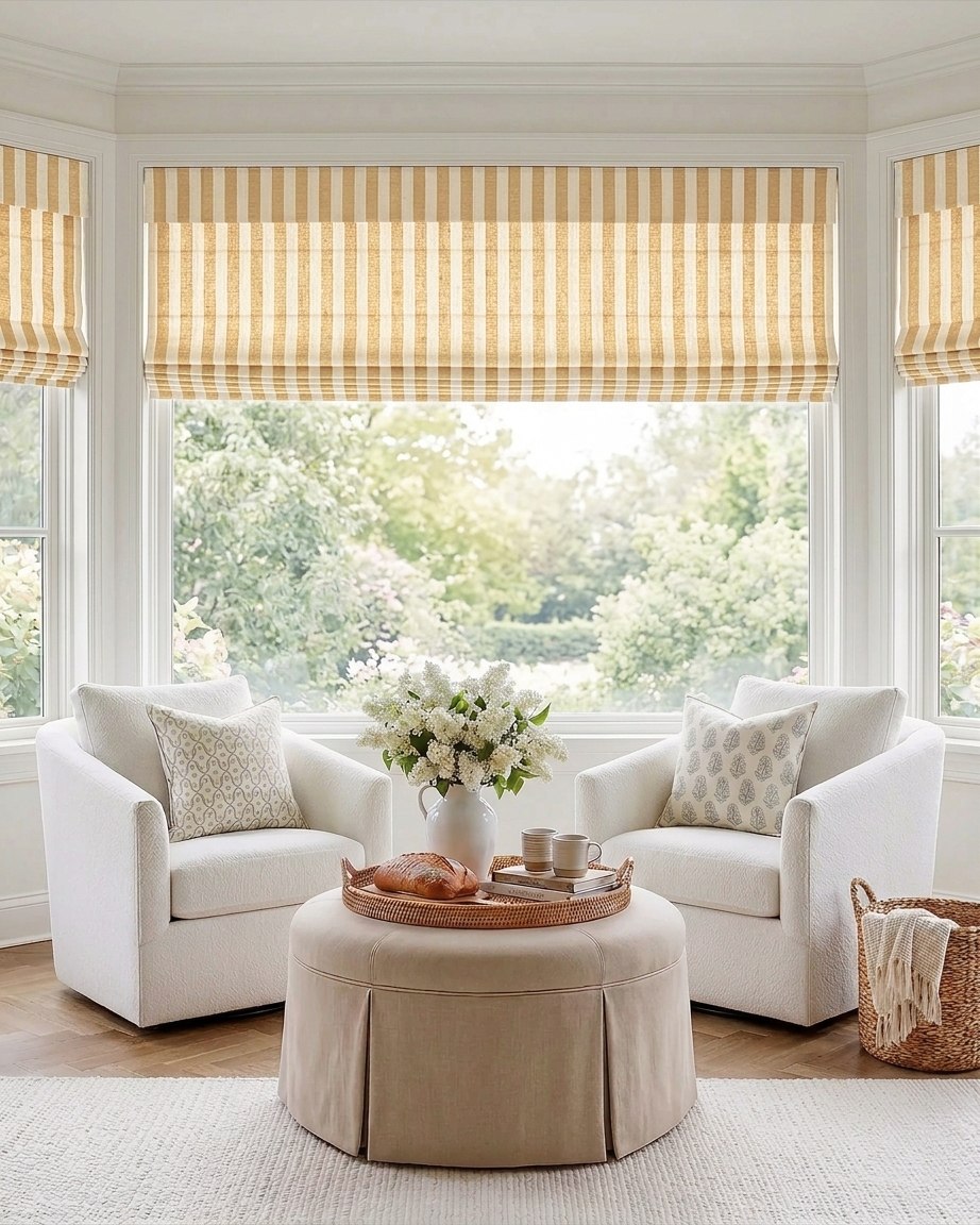 Butter yellow striped linen Roman window shades brightening a modern living space