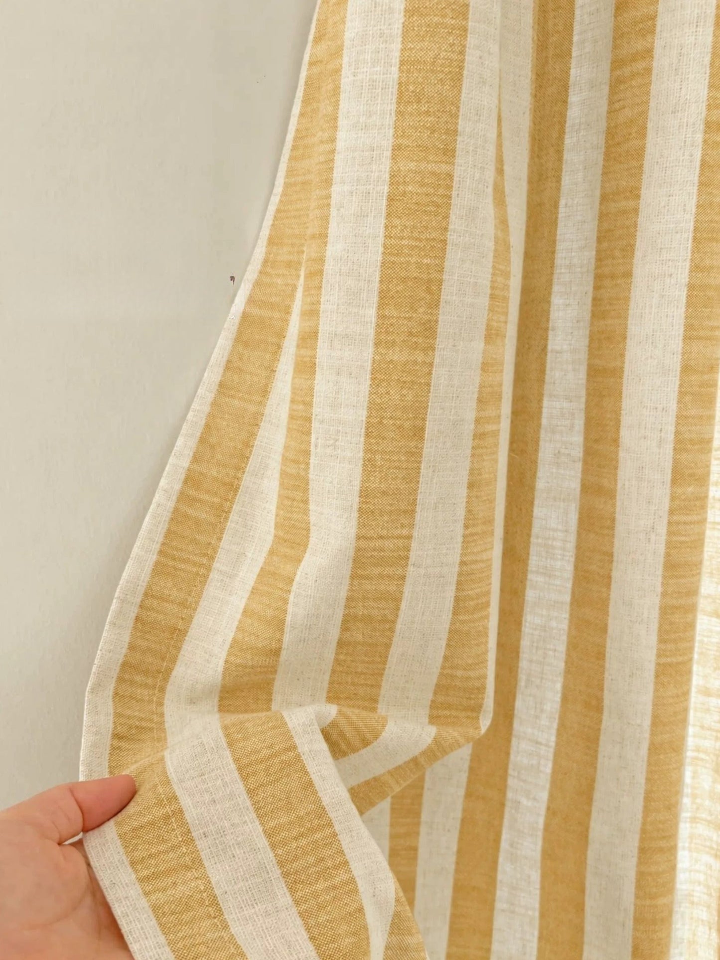 Custom butter yellow striped linen playroom curtains for kids room with light filtering and blackout options