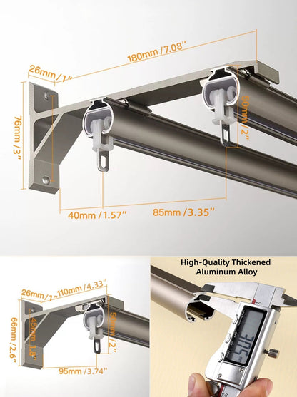 Custom oversized aluminum bay window curtain rod supporting L-shape windows with pleat and ripple fold headers