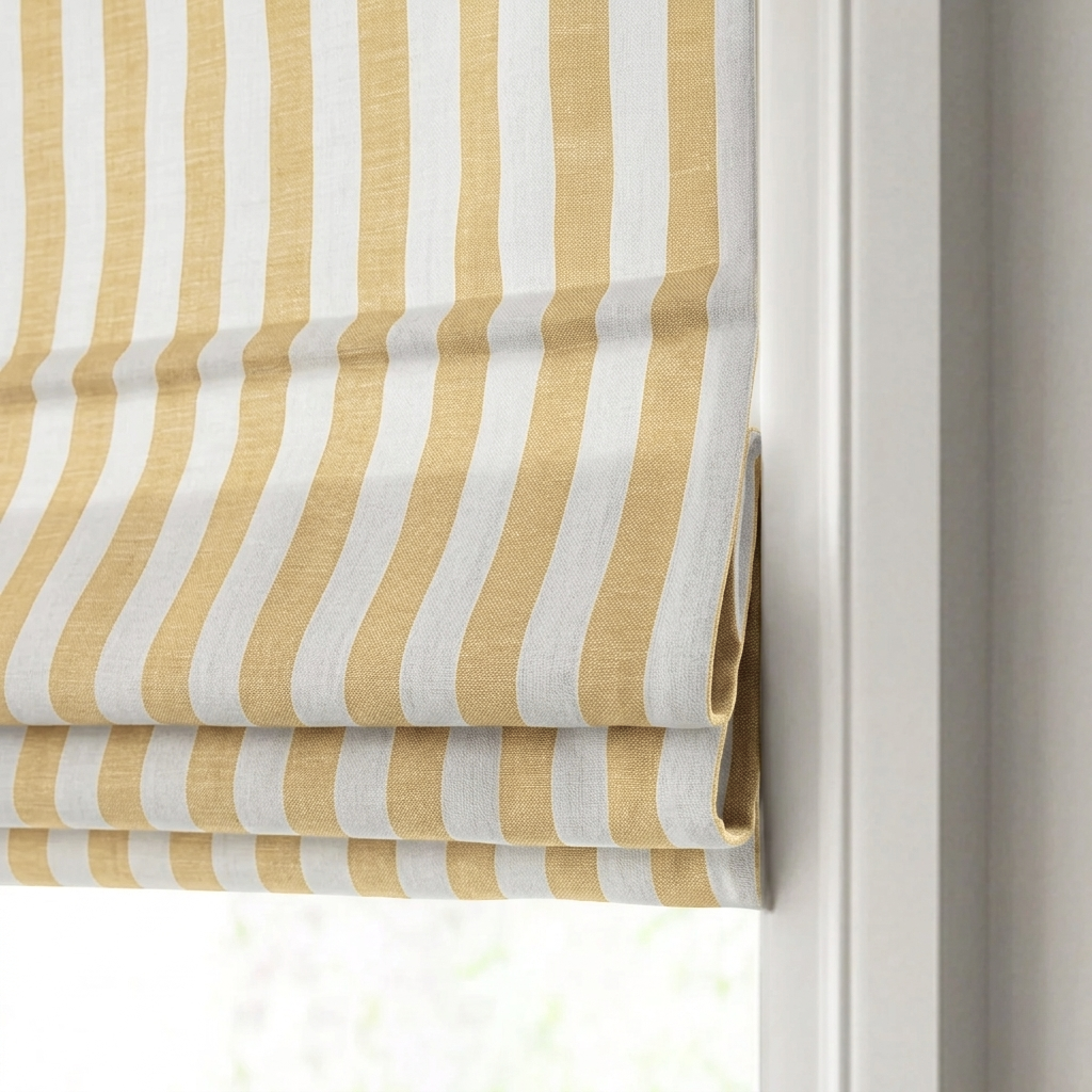 Butter yellow striped linen Roman window shades brightening a modern room