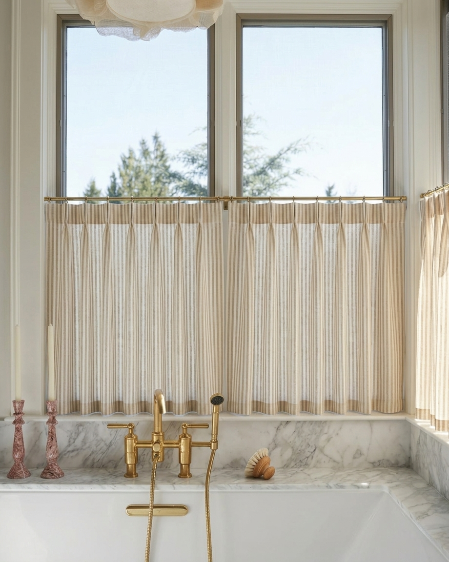 Classic striped linen café curtains in French country style for kitchen windows, custom-sized and easy to hang
