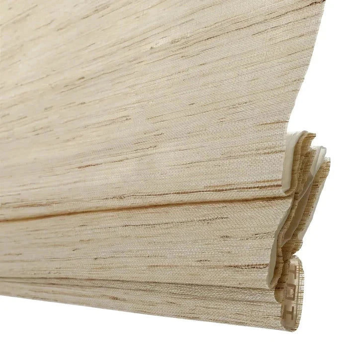 Natural ramie bamboo shades in cashew, mildew-resistant woven blinds, soft beige tone.