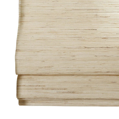 Natural Ramie Bamboo Shades in soft cashew hue, mildew-resistant woven blinds, eco-friendly and artisanal craftsmanship.