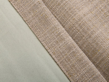 Close-up view of three different curtain fabrics including beige polyester, natural beige flax blend, and light gray smooth texture, highlighting the variety in the EaseEase Linen Blend Pleated Drapes collection