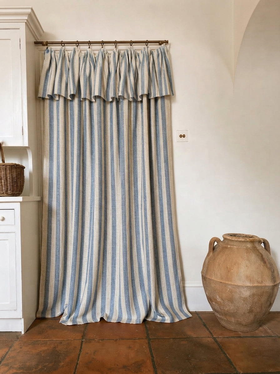 Tie Top Curtains: Custom Coastal Blue Ticking Stripe Linen Drapery for Nursery & Kids Room, 100% Linen