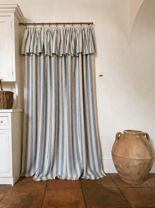 Tie Top Curtains: Custom Coastal Blue Ticking Stripe Linen Drapery for Nursery & Kids Room, 100% Linen