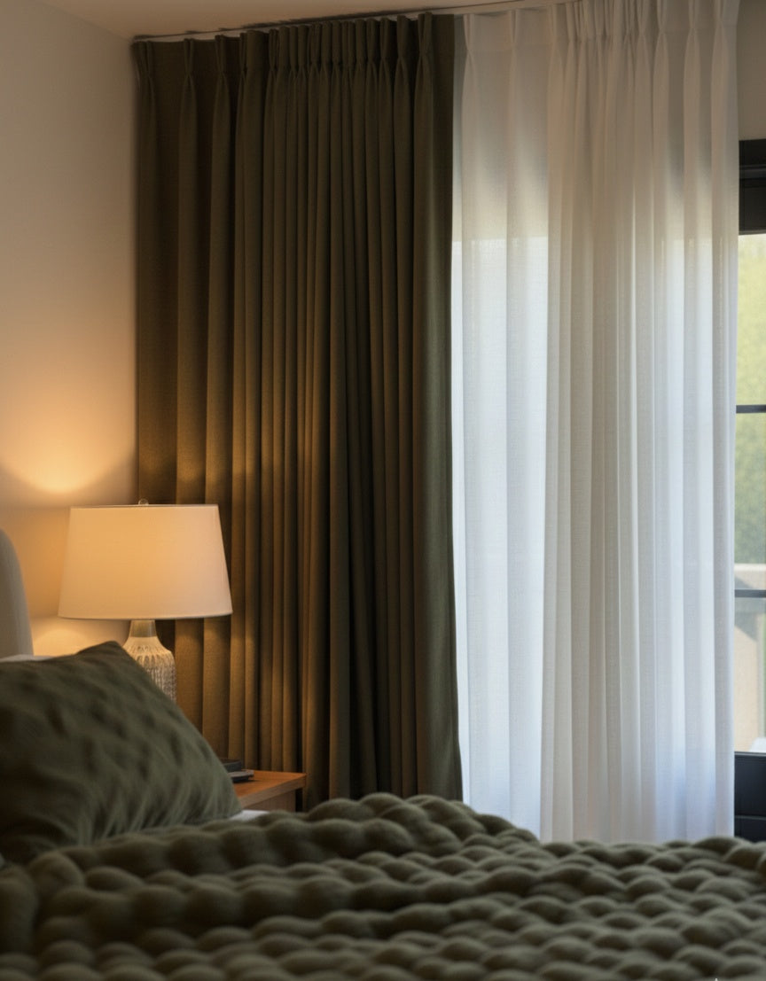 Heavyweight chenille custom curtains in vintage colors with blackout feature for bedroom decor