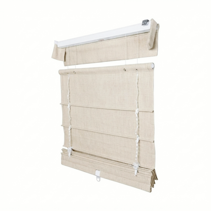 Top down bottom up Roman shade in natural linen covering window with cordless light-filtering and blackout options