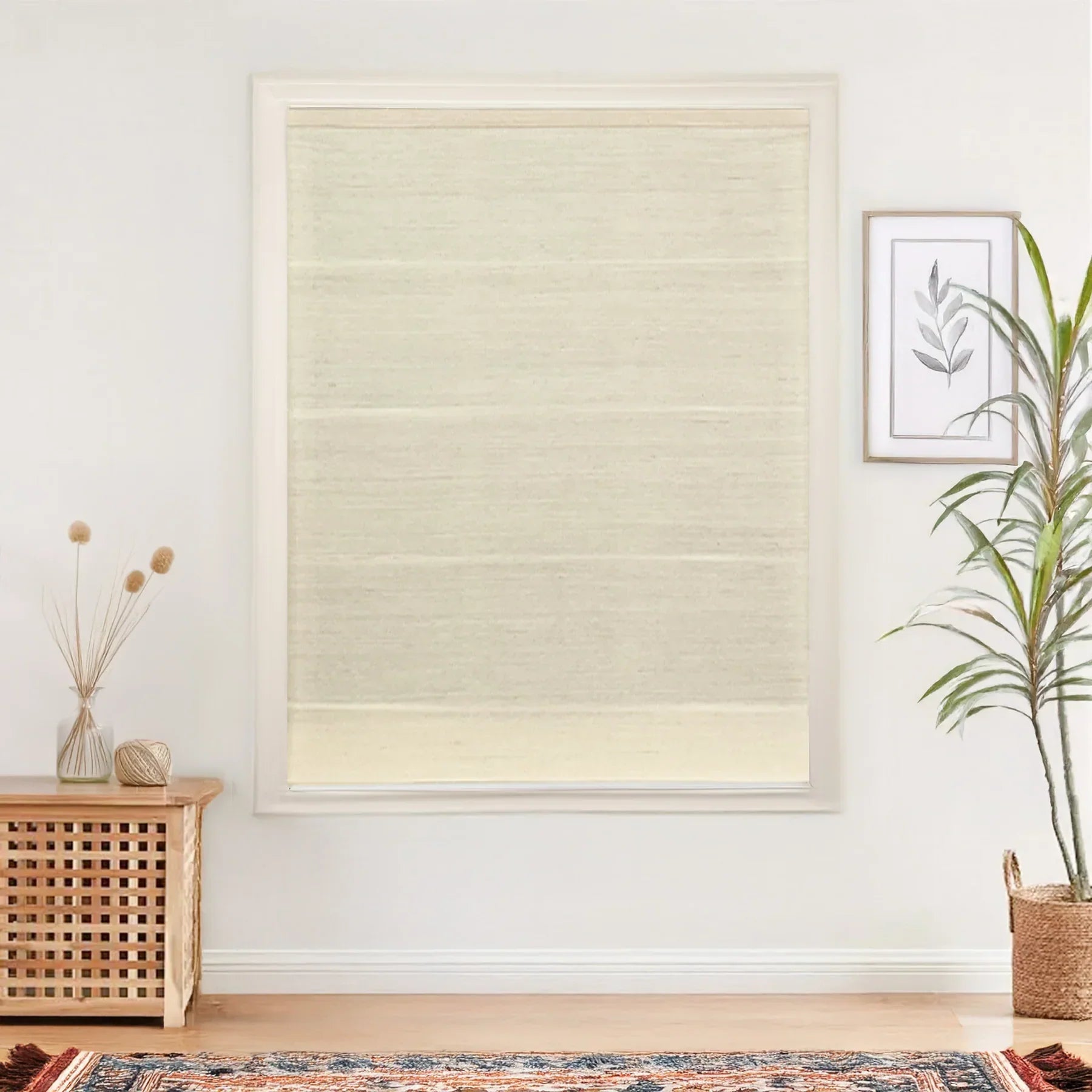 Coconut white natural ramie bamboo window shades enhancing a light, minimalist interior.