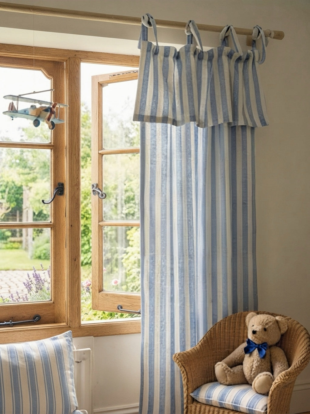 Tie Top Curtains: Custom Coastal Blue Ticking Stripe Linen Drapery for Nursery & Kids Room, 100% Linen